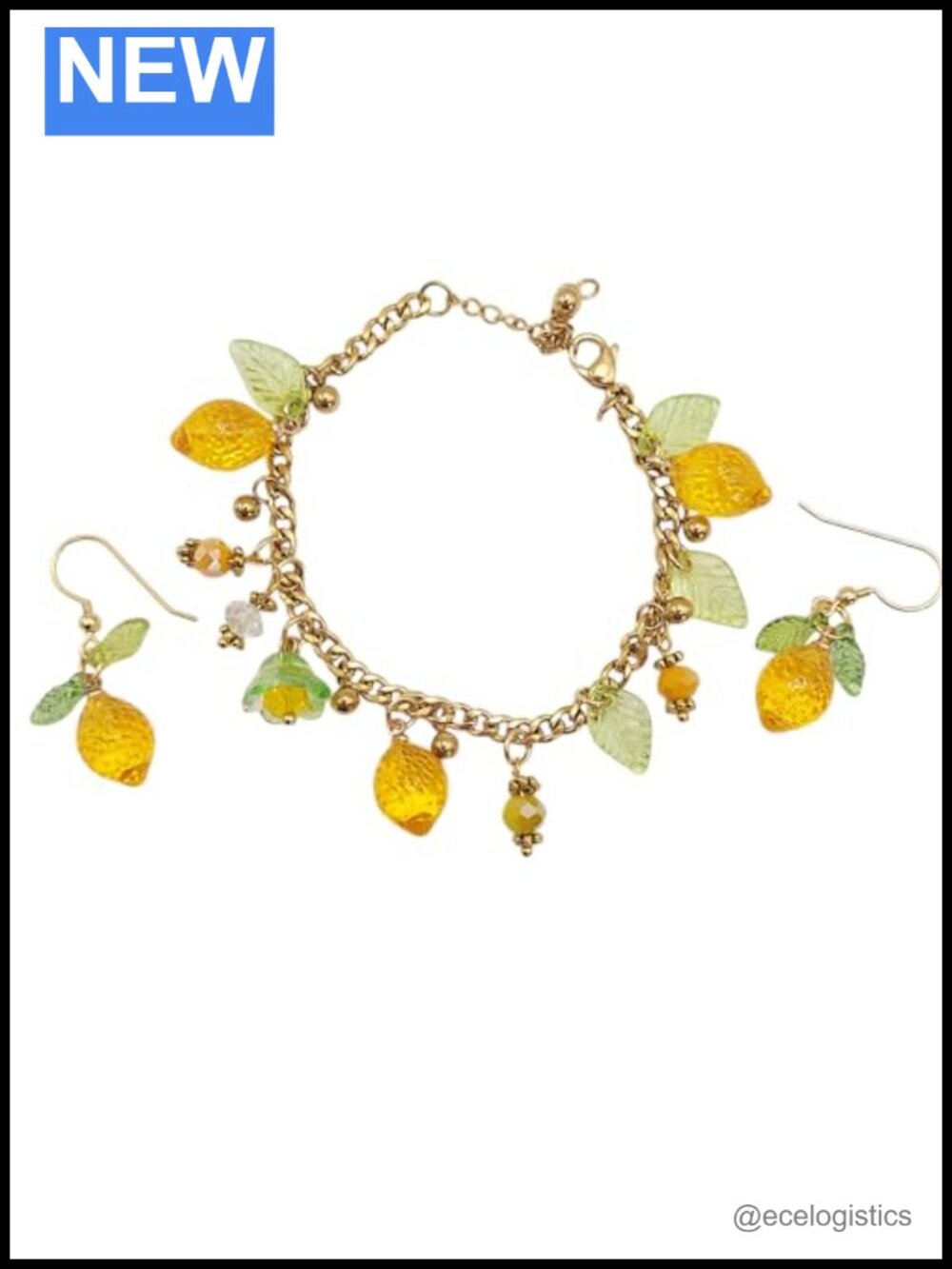 Handmade Lemon Resin Bracelet Earrings Set 18K Gold Plated Stainless Steel